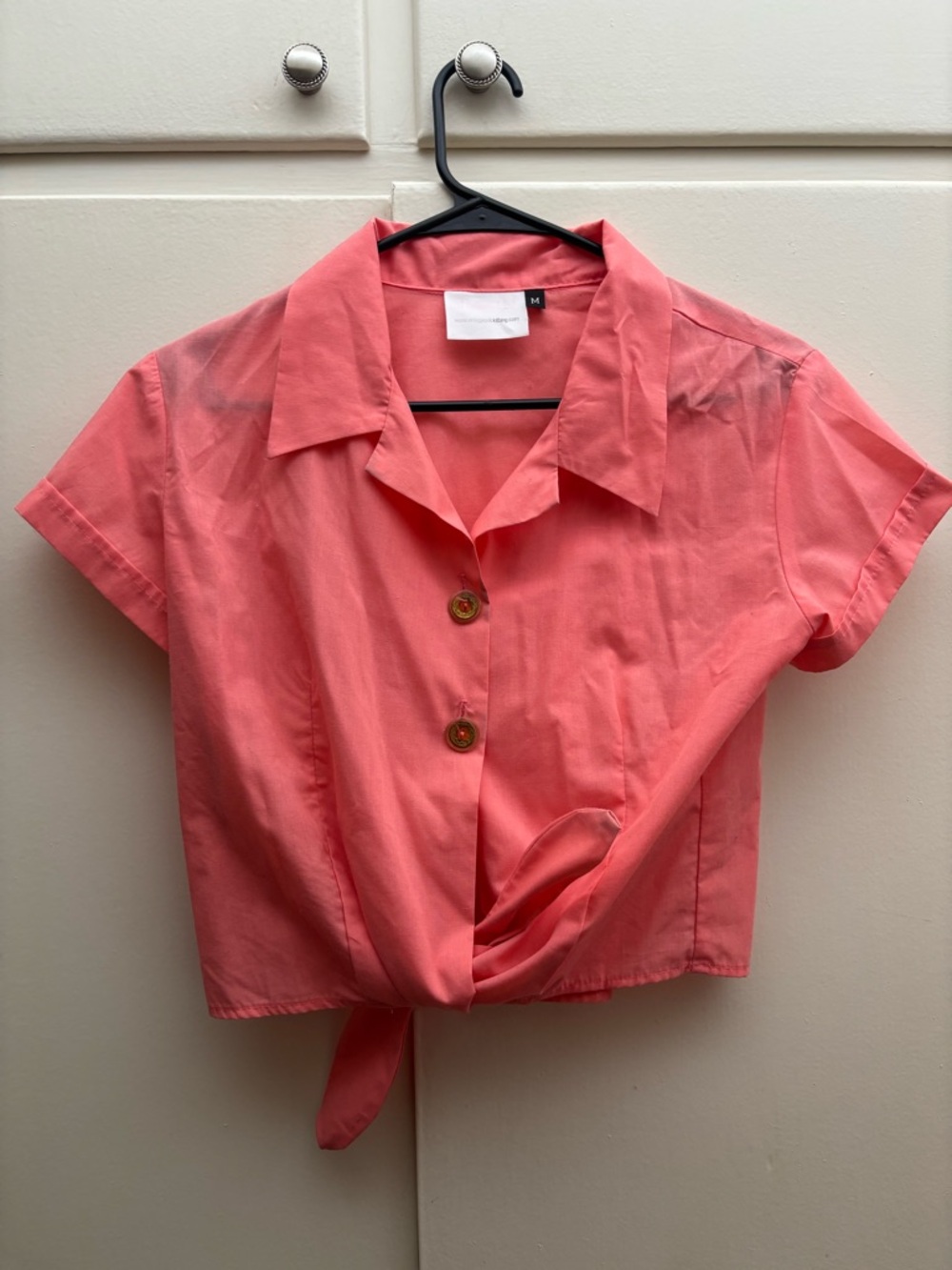 Tie-Front Short Sleeve Blouse in Coral